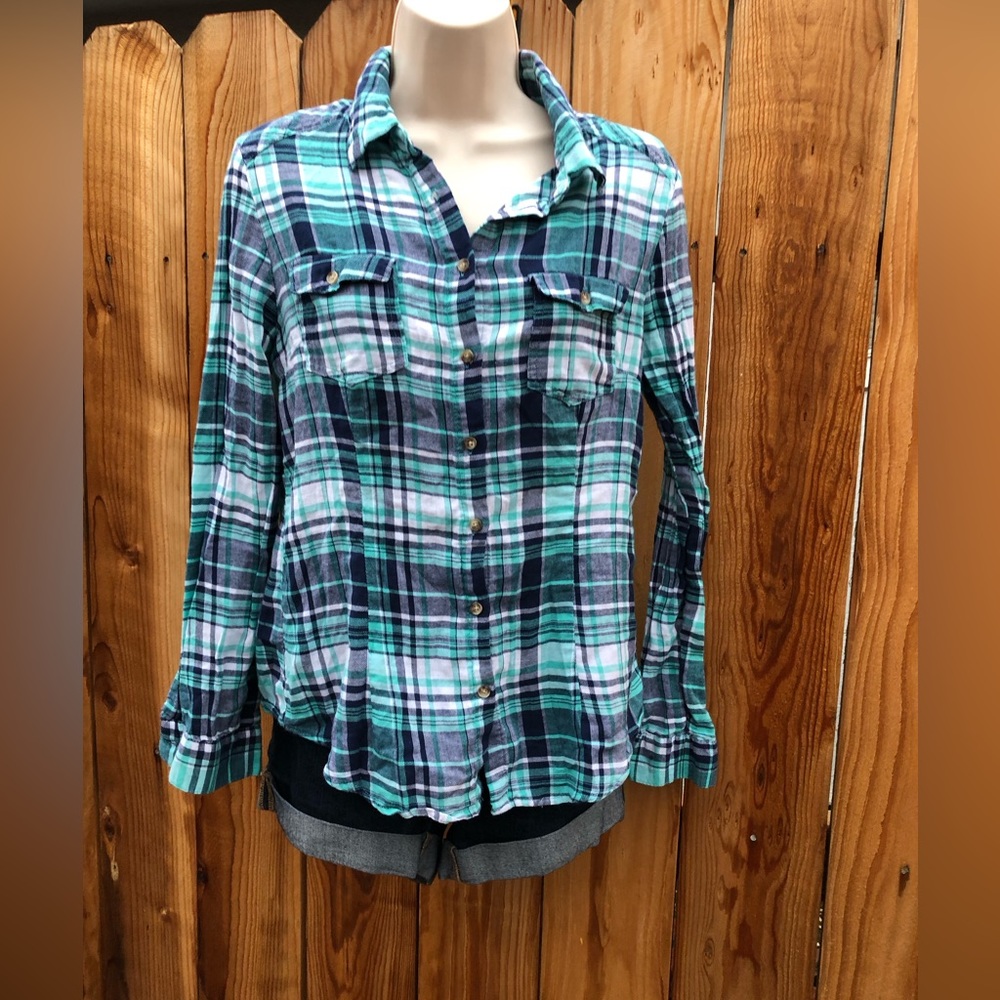 Blue-green & White long sleeve button down Plaid shirt or blouse Sz Jrs Large